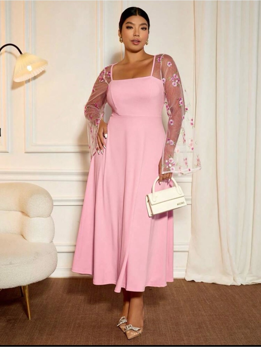 SHEIN Pink Midi Dress with Embroidered Sheer Sleeves